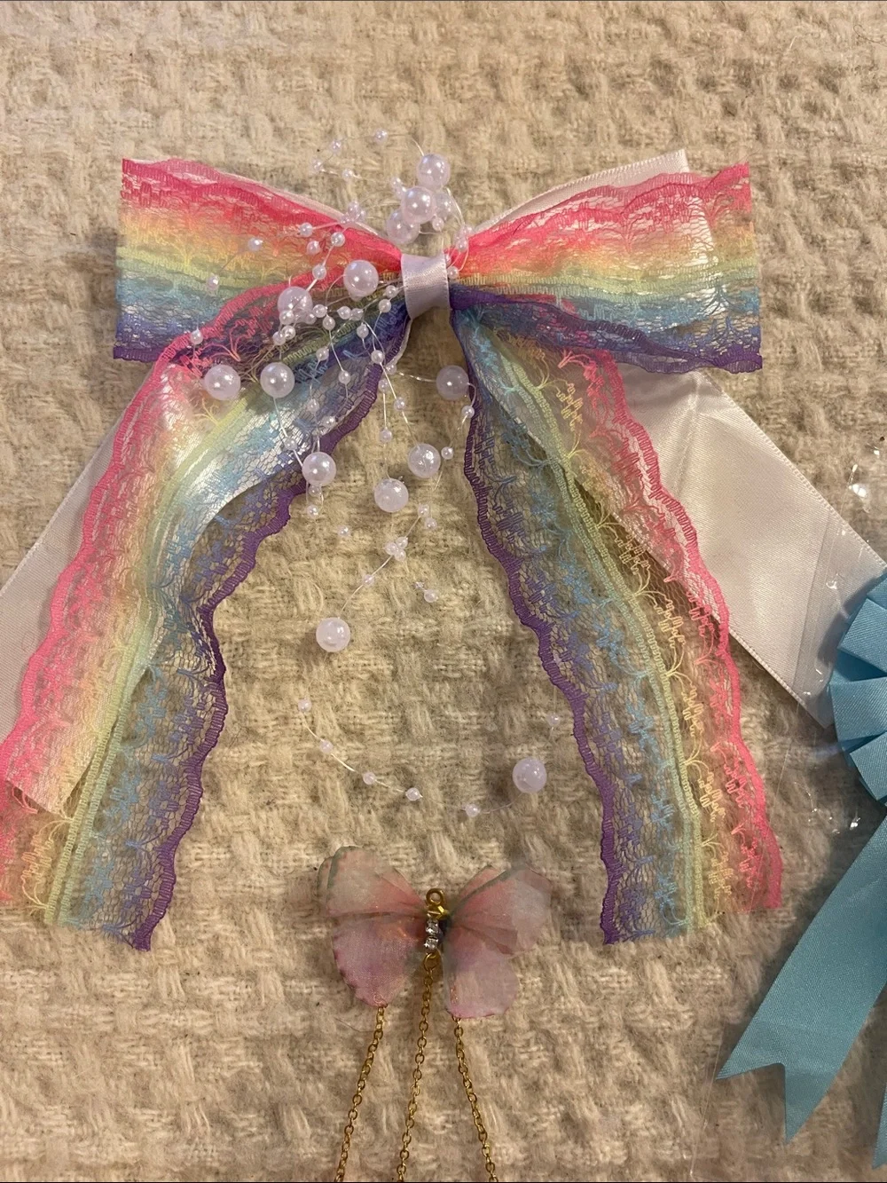 Rainbow Lace Bow Hair Clip with Pearl Accents